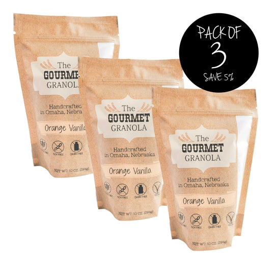 Orange Vanilla Granola | Pack of 3 | 10 oz. Bag | Vegan | Sweet, Tangy Flavor | Gluten, Dairy, & Soy Free | Made in Omaha, NE | The Gourmet Granola