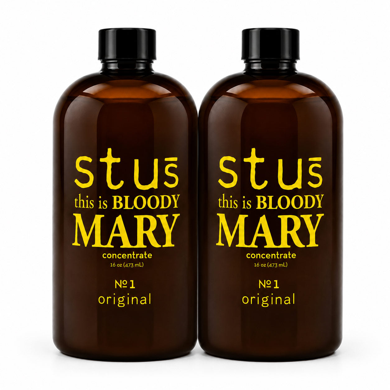 Two amber glass bottles with black caps, featuring yellow text that reads 'stus this is BLOODY MARY' and 'concentrate' on a white background.