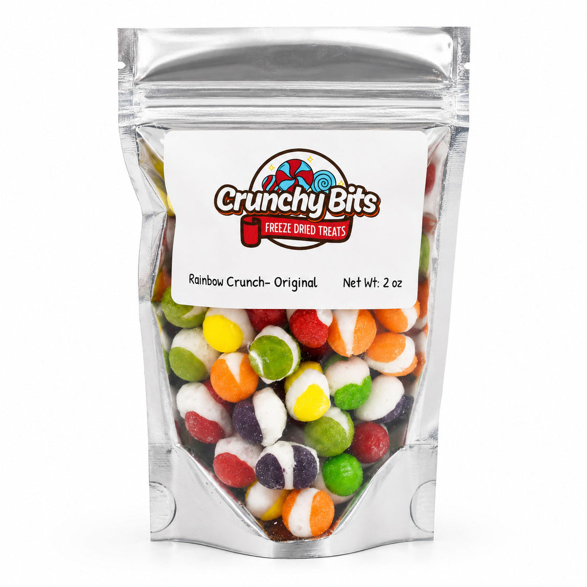 Packaged Crunchy Bits freeze dried treats with colorful candies on a white background