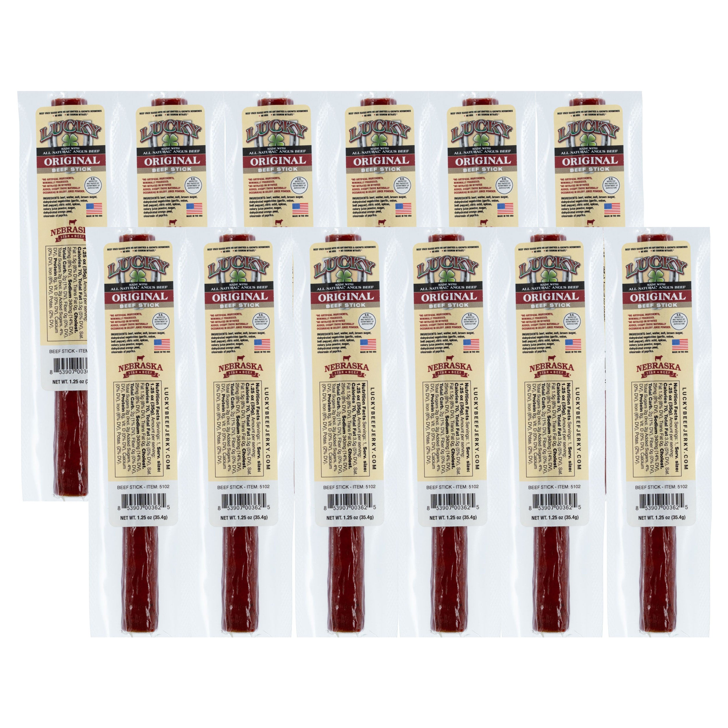 Multiple packages of Nebraska Original beef sticks on a white background