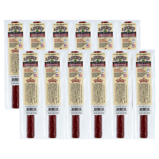 Multiple packages of Nebraska Original beef sticks on a white background