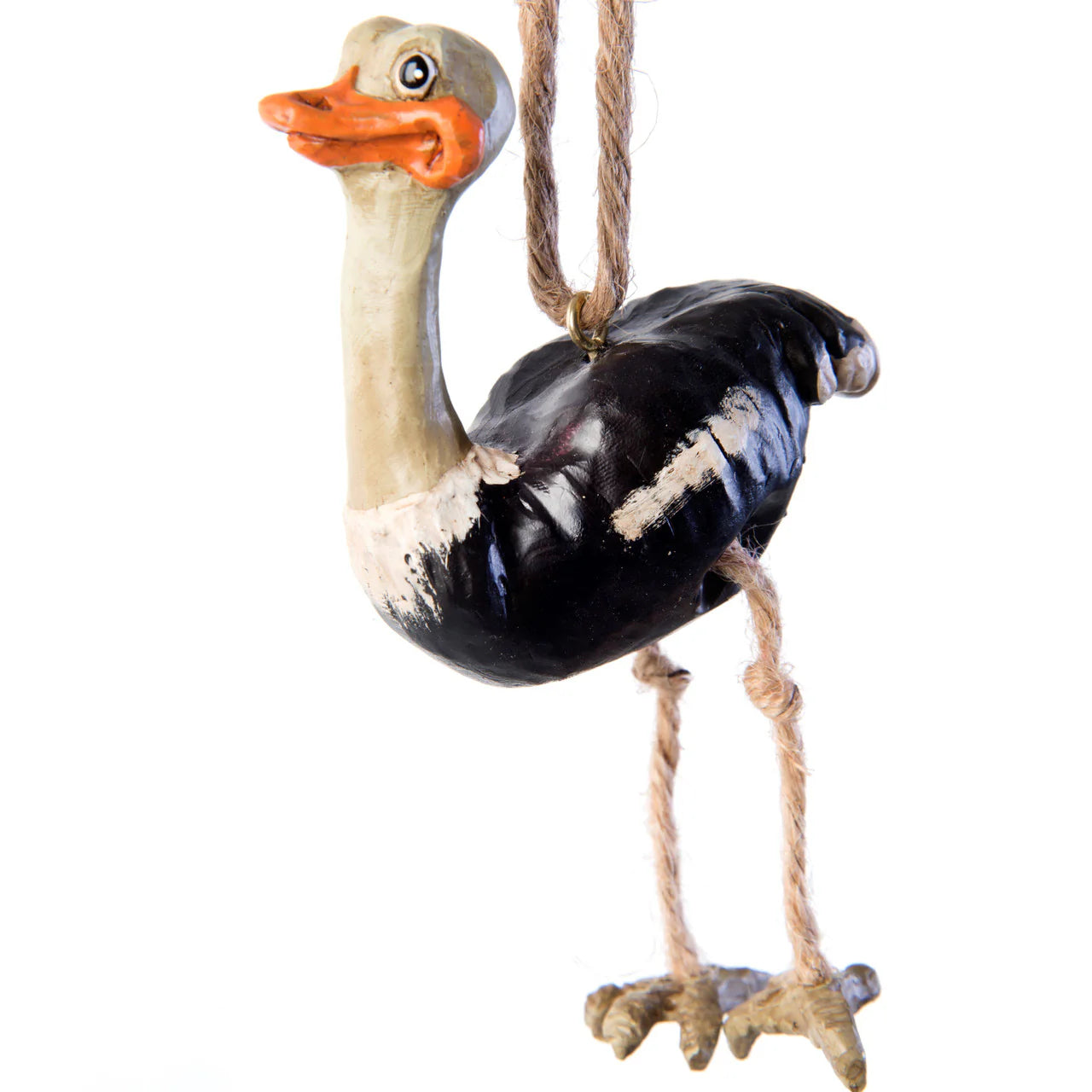 Decorative ostrich ornament hanging from a rope on a white background