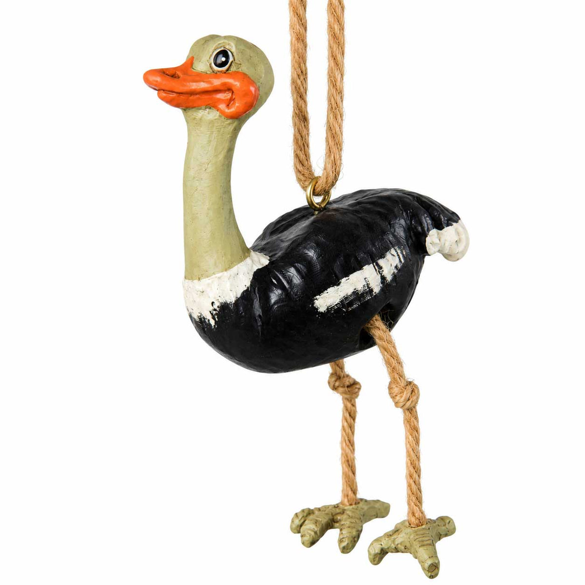 A hanging ostrich figurine with a black body, white chest patch, olive-green neck and legs, and an orange beak, suspended by a rope hanger against a plain white background.