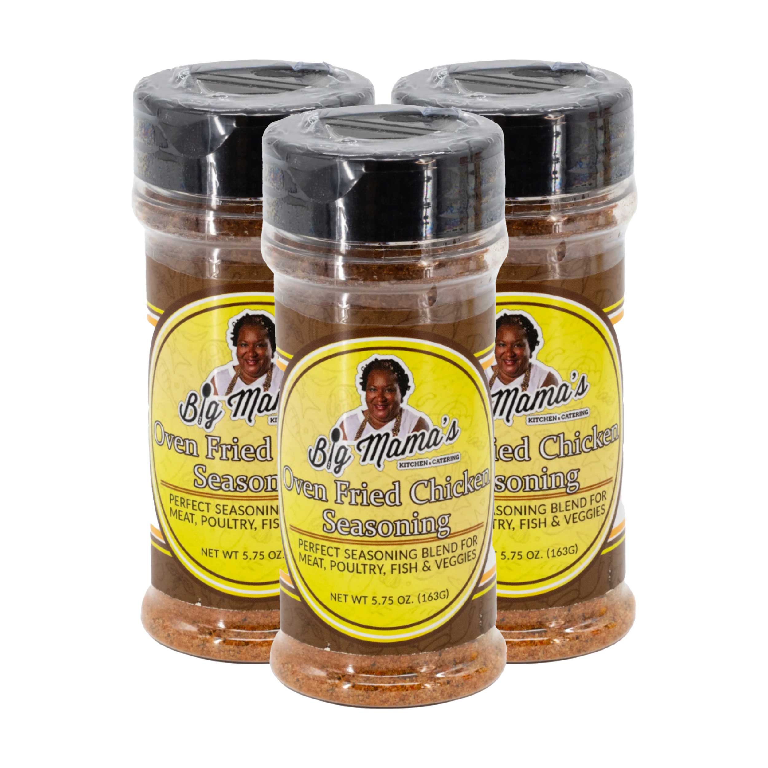 Three bottles of Big Mama's Oven Fried Chicken Seasoning on a white background