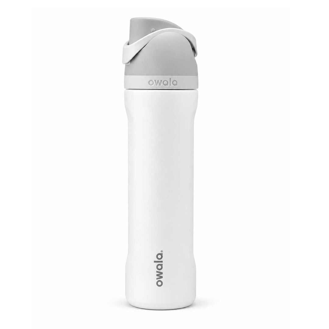 A white Owala insulated water bottle with a light gray flip-top lid, shown against a solid white background.
