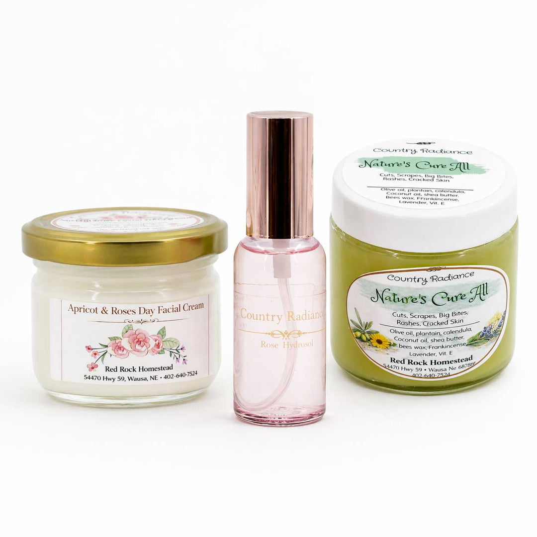 Three skincare products from Red Rock Homestead on a white background