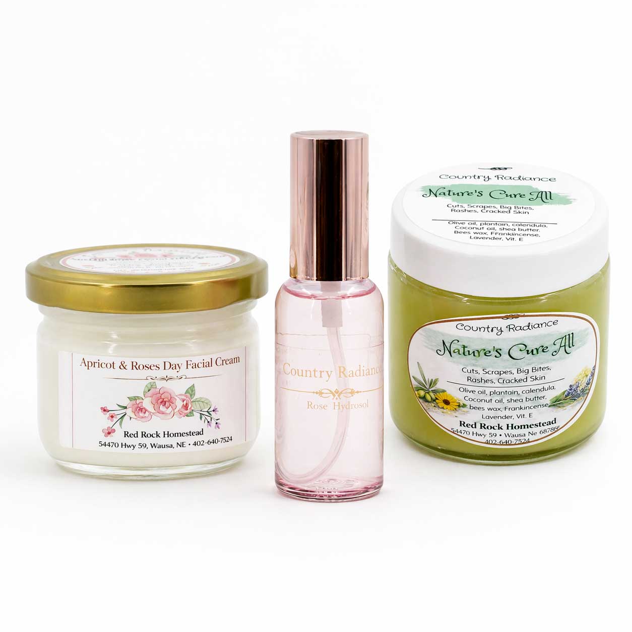 Three skincare products from Red Rock Homestead on a white background
