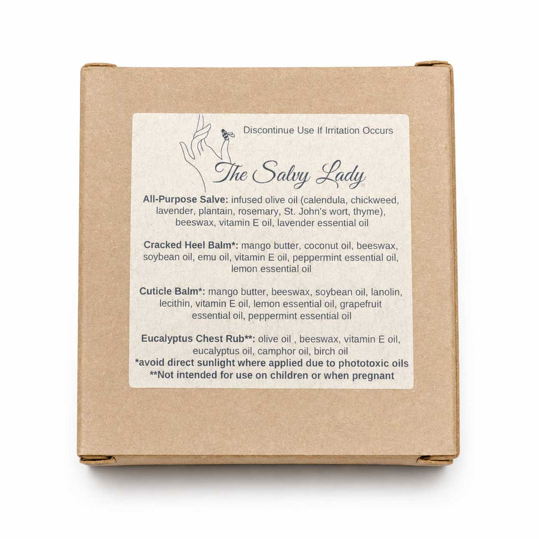Box of 'The Salvy Lady' with product descriptions on a white background
