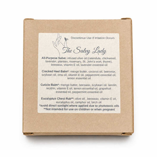 Box of 'The Salvy Lady' with product descriptions on a white background