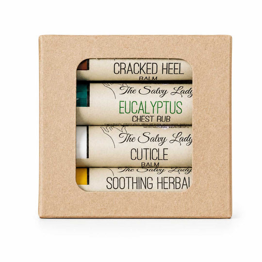 Set of Salvy Lady skincare products in a cardboard box on a white background