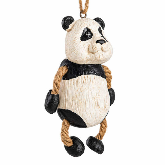 A hanging panda ornament with a textured cream and black body, rope arms and legs, and a small hanging loop at the top, shown on a plain white background.