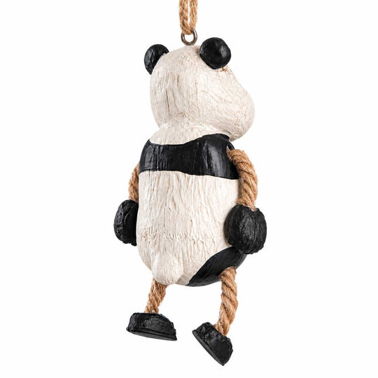 A panda-shaped hanging ornament or decoration with a textured off-white body, black ears, eyes, and limbs, and rope details for the arms and legs, shown against a plain white background.