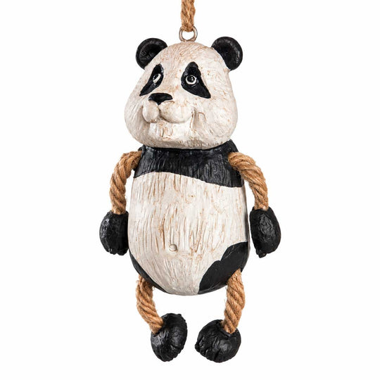A hanging panda ornament with a textured, weathered wood finish in black and off-white, featuring rope for arms and legs, and a hanging loop at the top, shown against a plain white background.