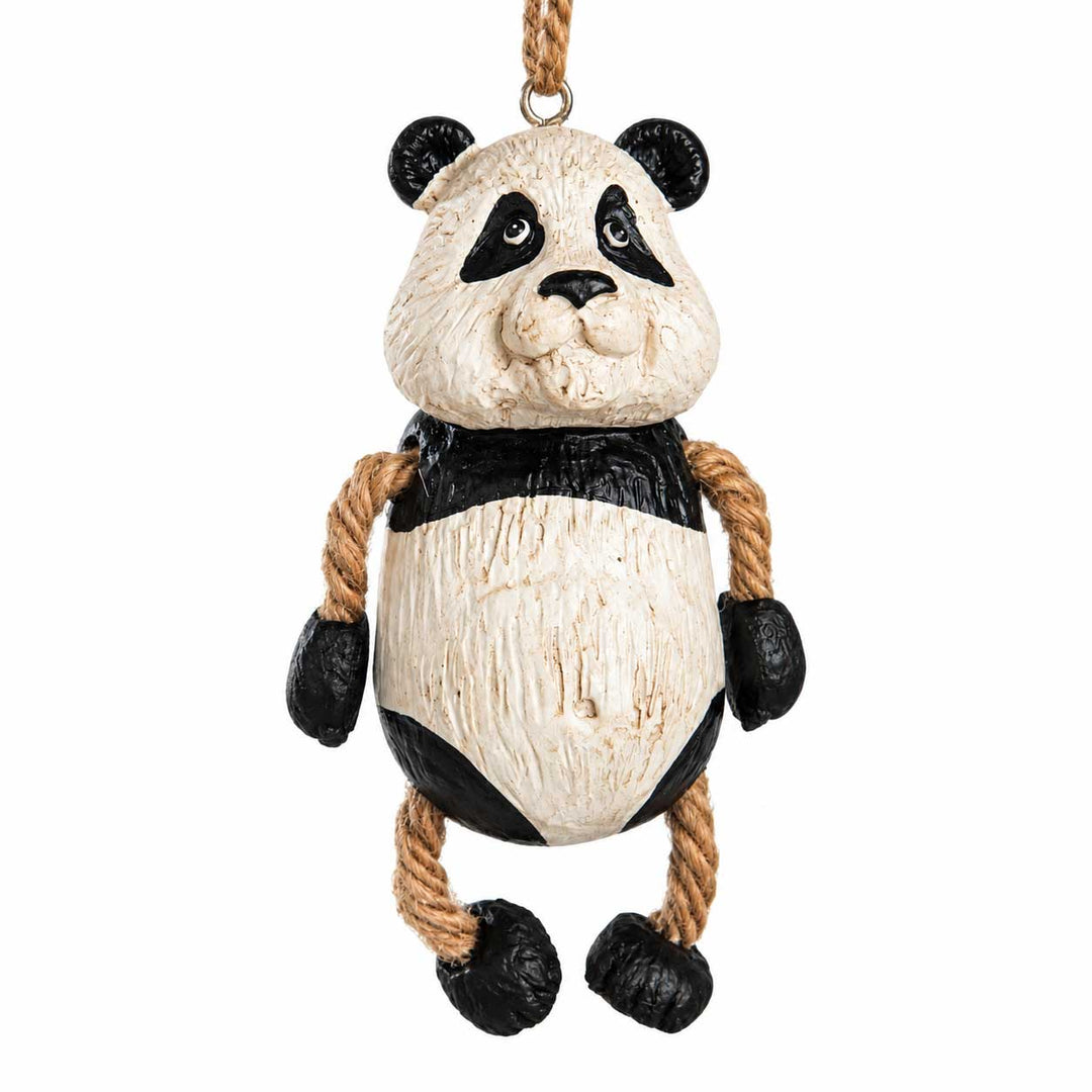 A hanging panda ornament with a textured cream and black body, rope arms and legs, and a metal hanging loop at the top, shown on a plain white background.
