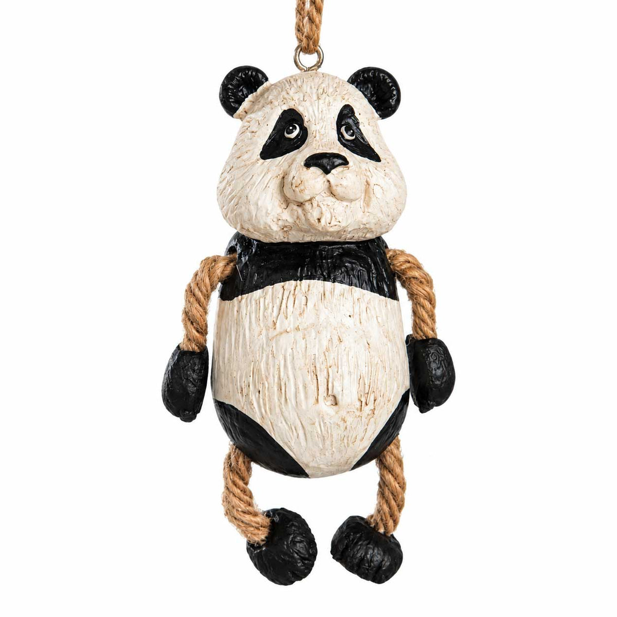 A hanging panda ornament with a textured cream and black body, rope arms and legs, and a metal hanging loop at the top, shown on a plain white background.