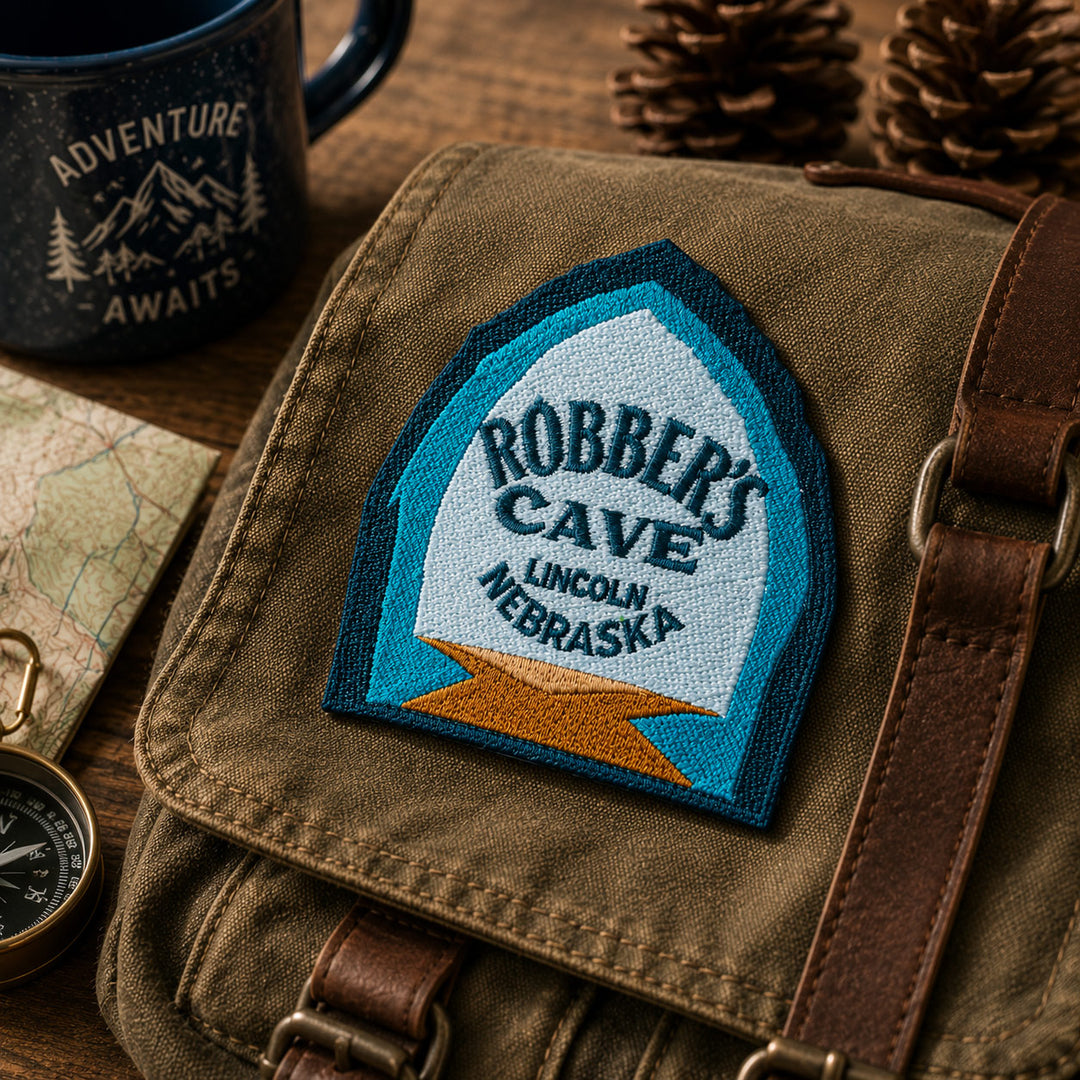 A close-up of a brown canvas backpack with a brown leather strap, featuring a decorative embroidered patch that reads 'Robber's Cave Lincoln Nebraska.' The scene is styled with a dark mug, a map, a compass, and pinecones on a wooden surface.