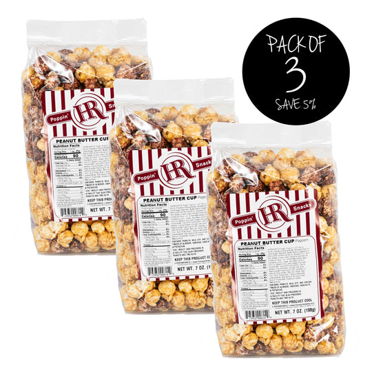 Peanut Butter Cup Popcorn | Pack of 3 | 7 oz. | Peanut Butter & Chocolate Coated Popcorn | Flavorful | Made in Gibbon, NE | HR Poppin' Snacks