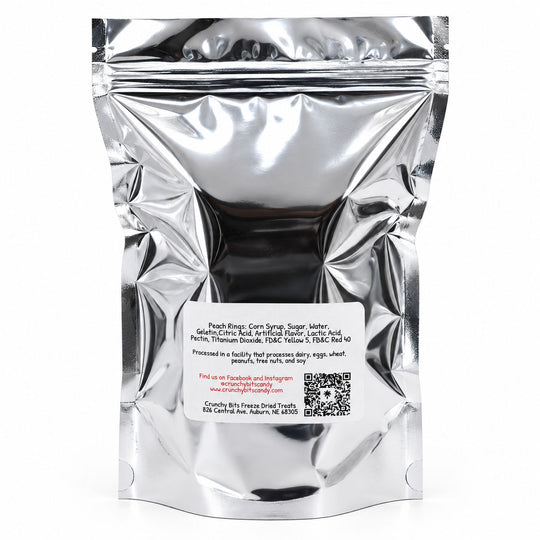 Silver foil packaging with a label on a white background