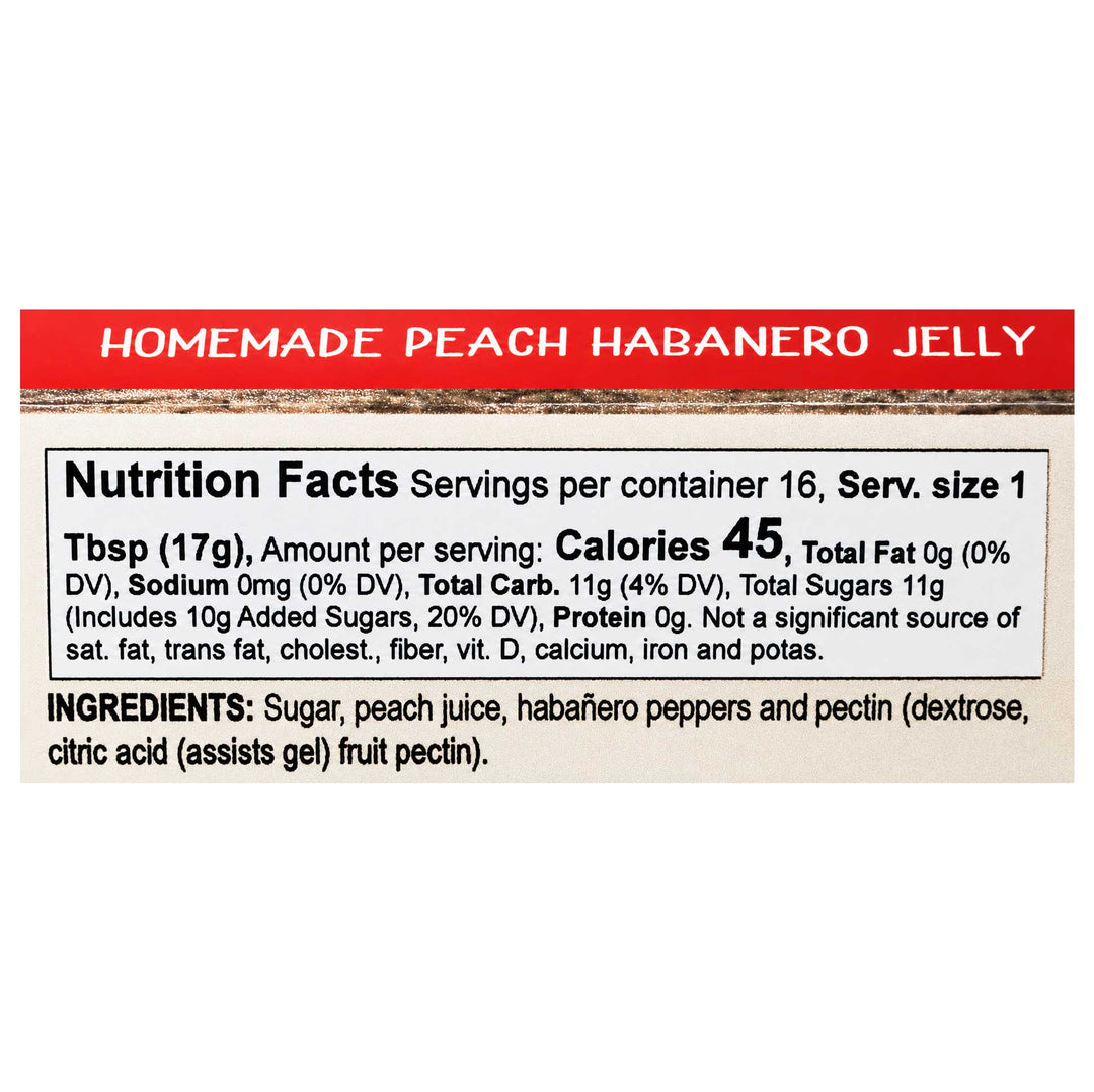 Nutrition facts label for homemade peach habanero jelly on a white background