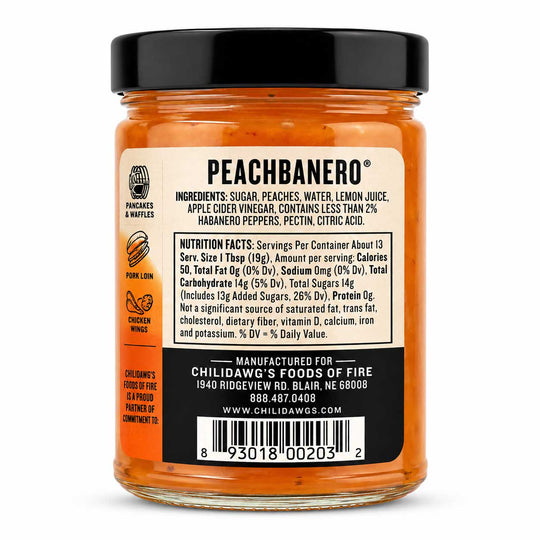 A jar of Childawgs Fire Peachbanero honey shown from the back, featuring a black lid, amber glass, and a large white label with black text and icons.