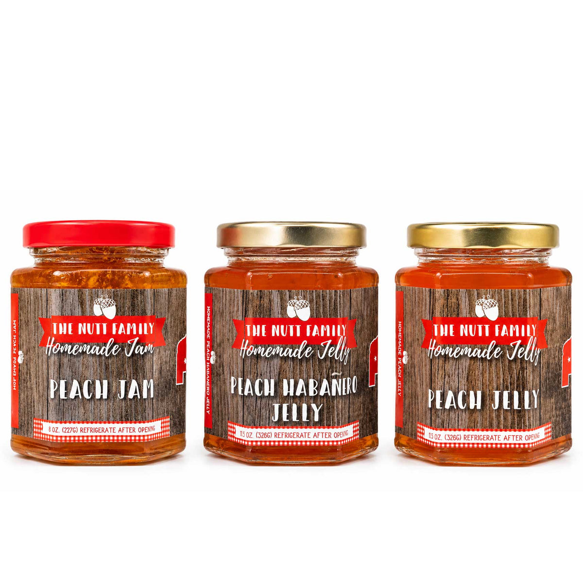 Three jars of peach jam and jelly with labels on a white background