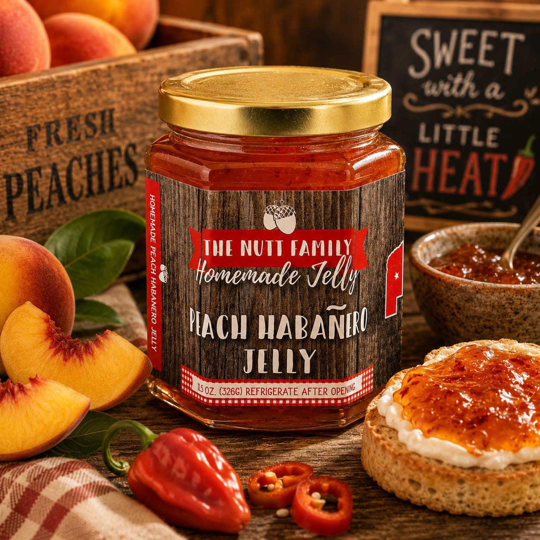 Jar of Peach Habanero Jelly with peaches and a sign in the background