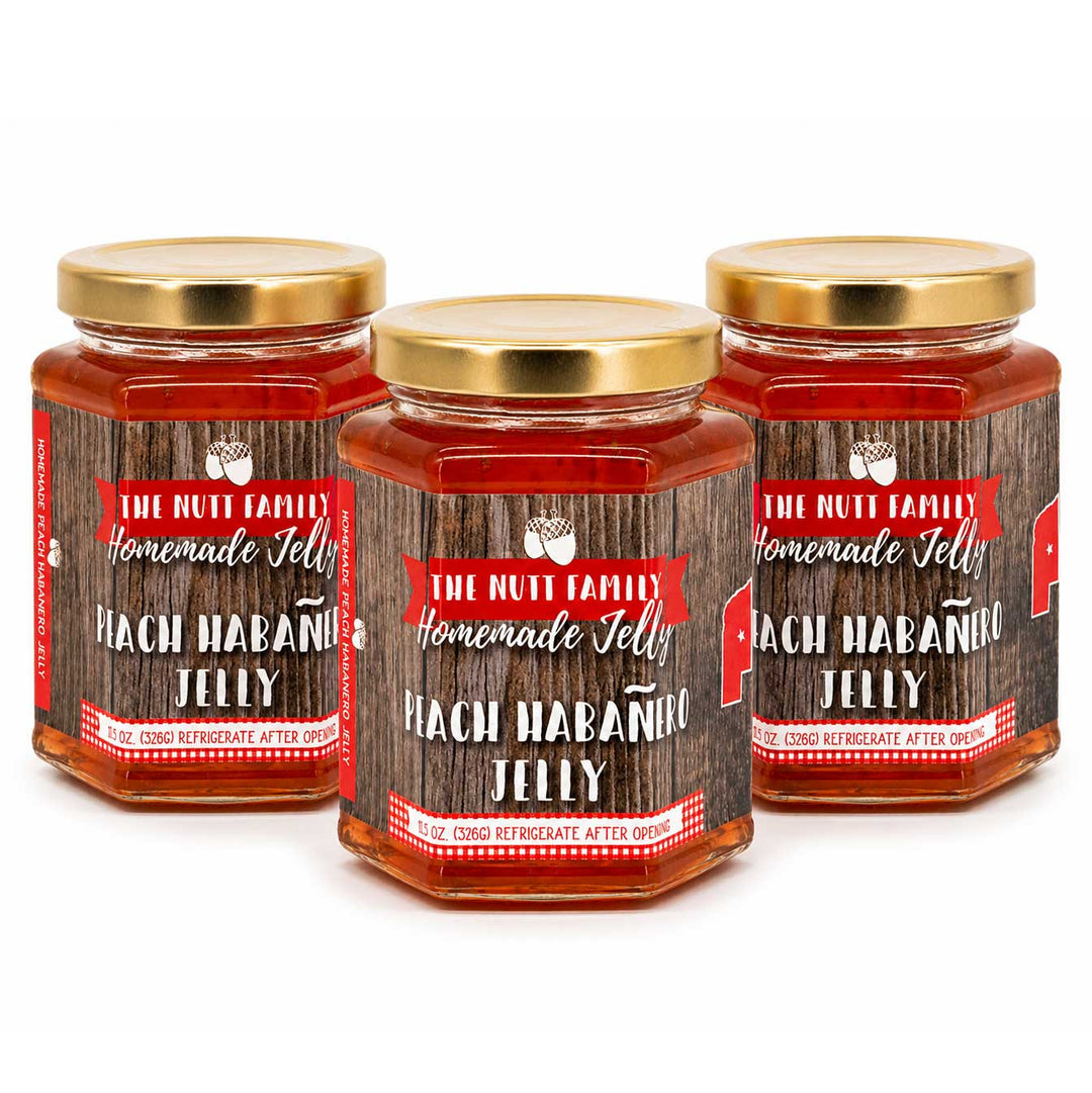 Three jars of Peach Habanénaro Jelly with wooden label design on a white background