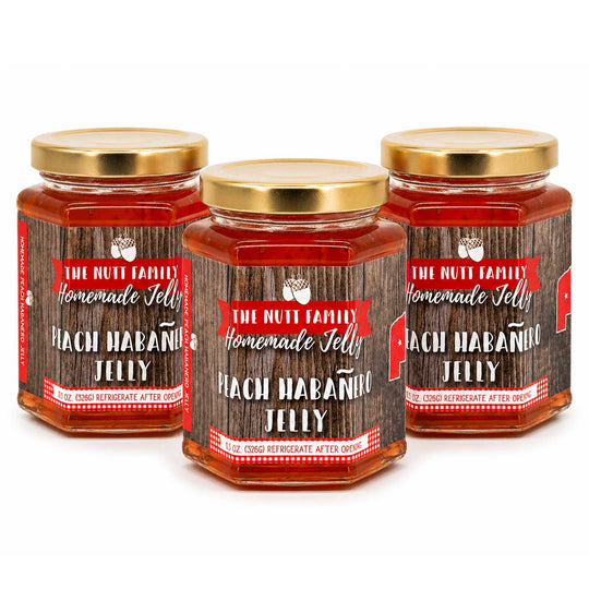 Three jars of Peach Habanénaro Jelly with wooden label design on a white background