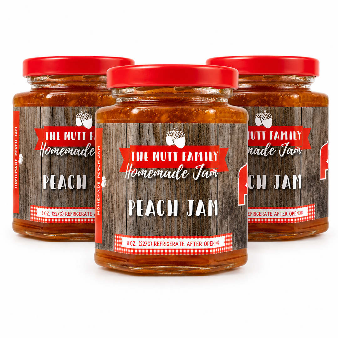 Three jars of Nutt Family Homemade Peach Jam on a white background