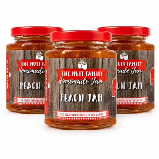 Three jars of Nutt Family Homemade Peach Jam on a white background