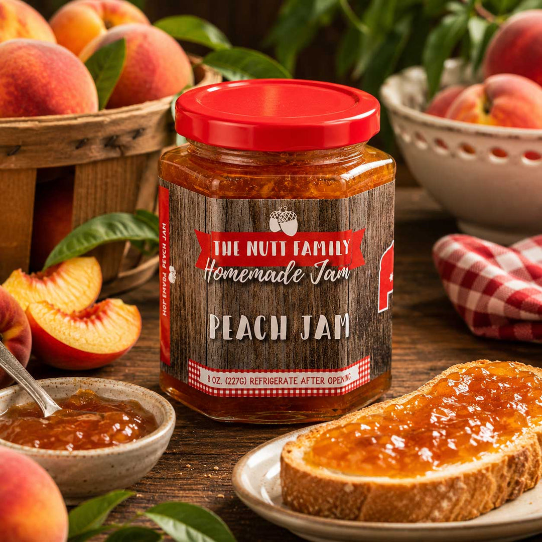 Jar of Peach Jam with peaches and a slice of bread on a wooden table