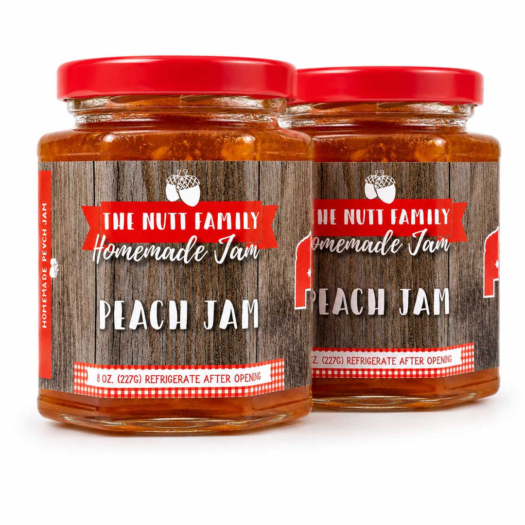 Two jars of Peach Jam with a red lid and wooden label on a white background