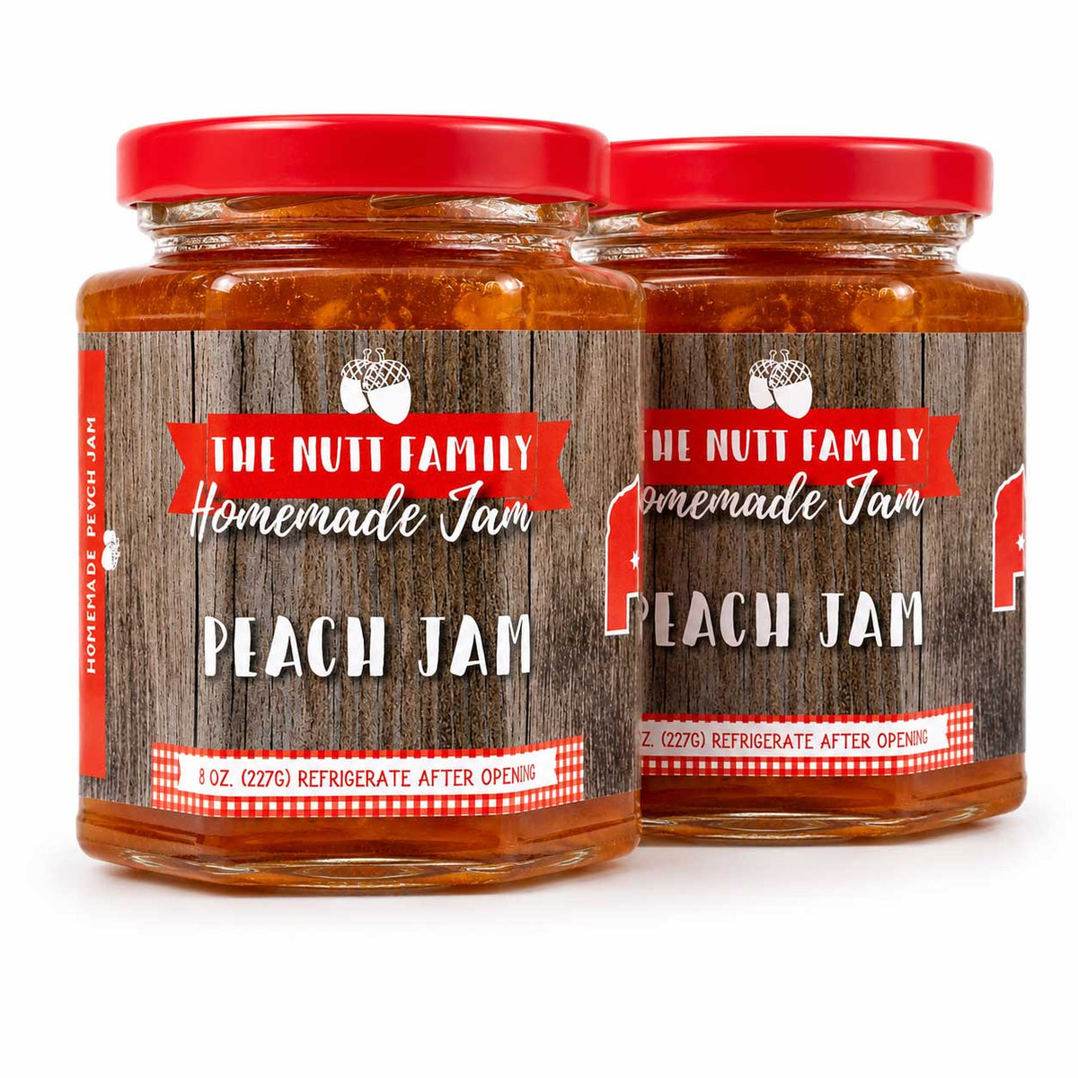 Two jars of Peach Jam with a red lid and wooden label on a white background