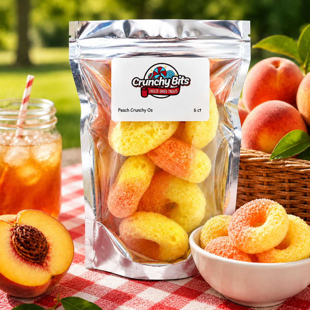 Packaging of Crunchy Bits Peach Crunchy O's with peaches and a drink in the background