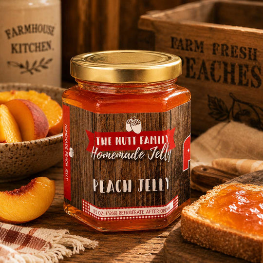 Jar of Peach Jelly with a 'The Nutt Family Homemade Jelly' label on a rustic wooden surface.