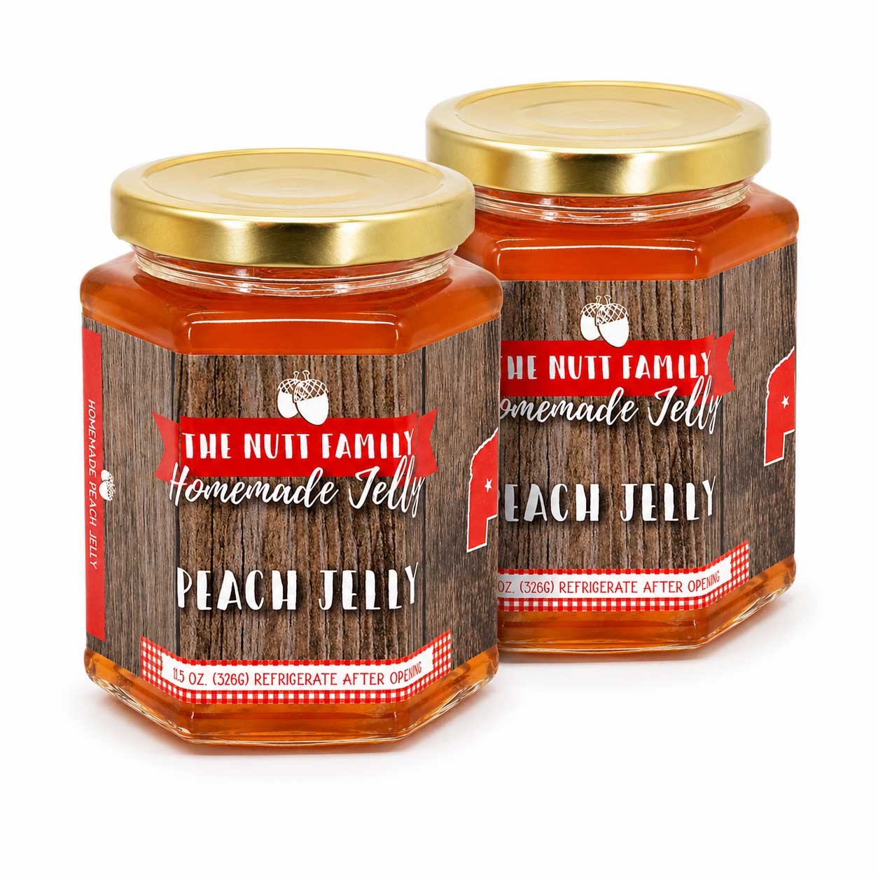 Two jars of Peach Jelly with a wooden design and gold lids on a white background