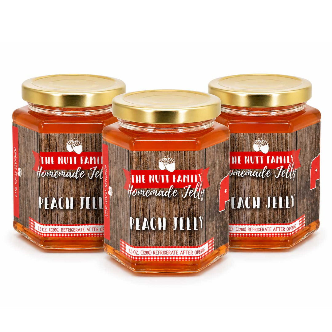 Three jars of peach jelly with wooden label design on a white background