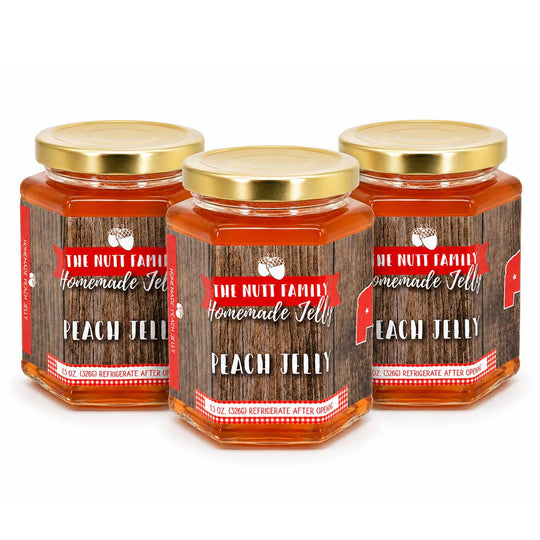 Three jars of peach jelly with wooden label design on a white background