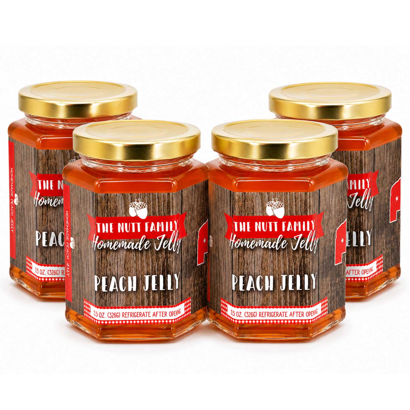 Four jars of Peach Jelly with wooden effect labels on a white background