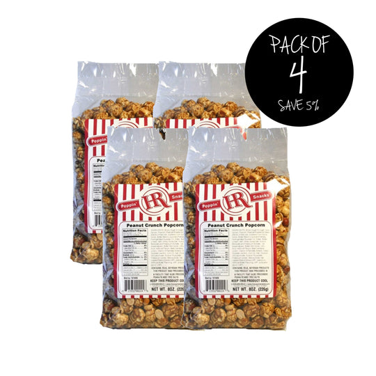 Peanut Crunch Popcorn | Pack of 4 | 8 oz. | Buttery Caramel Coated Popcorn With Peanut Topping | Made in Gibbon, NE | HR Poppin' Snacks