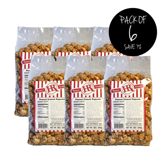 Peanut Crunch Popcorn | Pack of 6 | 8 oz. | Buttery Caramel Coated Popcorn With Peanut Topping | Made in Gibbon, NE | HR Poppin' Snacks