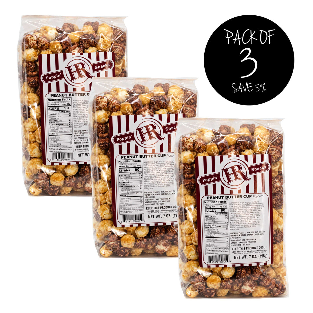 Peanut Butter Cup Popcorn | Pack of 3 | 7 oz. | Peanut Butter & Chocolate Coated Popcorn | Flavorful | Made in Gibbon, NE | HR Poppin' Snacks