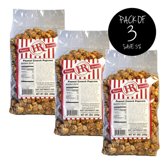 Peanut Crunch Popcorn | Pack of 3 | 8 oz. | Buttery Caramel Coated Popcorn With Peanut Topping | Made in Gibbon, NE | HR Poppin' Snacks