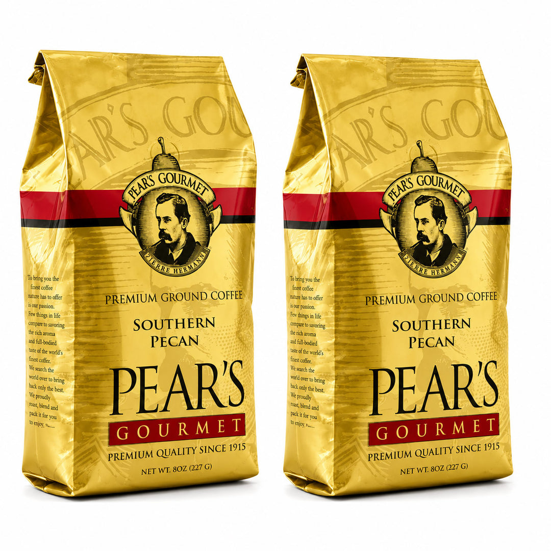 Two packages of Pear's Gourmet Southern Pecan coffee on a white background
