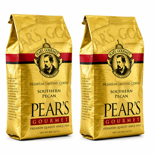 Two packages of Pear's Gourmet Southern Pecan coffee on a white background