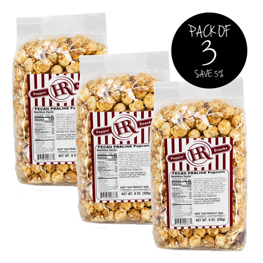 Pecan Praline Popcorn | Pack of 3 | 8 oz. | Rich, Buttery Pecans | Candy Coated Popcorn | Burst of Flavor | Made in Gibbon, NE | HR Poppin' Snacks