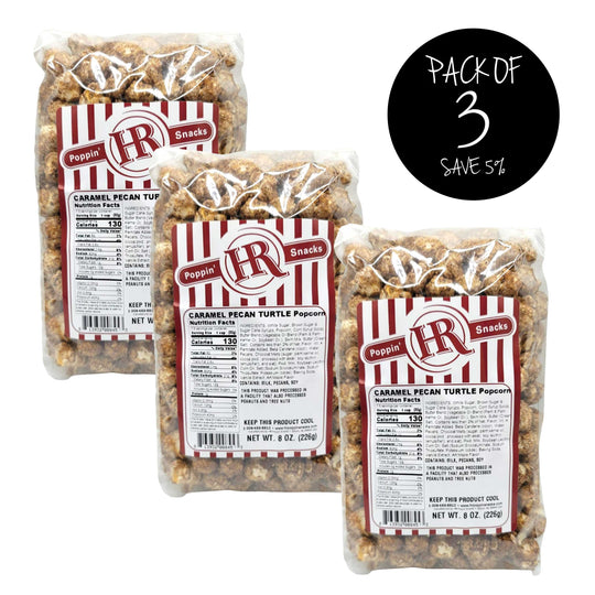 Caramel Pecan Turtle Popcorn | 8 oz. | Pack of 3 | Caramel & Chocolate Coated Popcorn | Crunchy Pecans | Made in Gibbon, NE | HR Poppin' Snacks