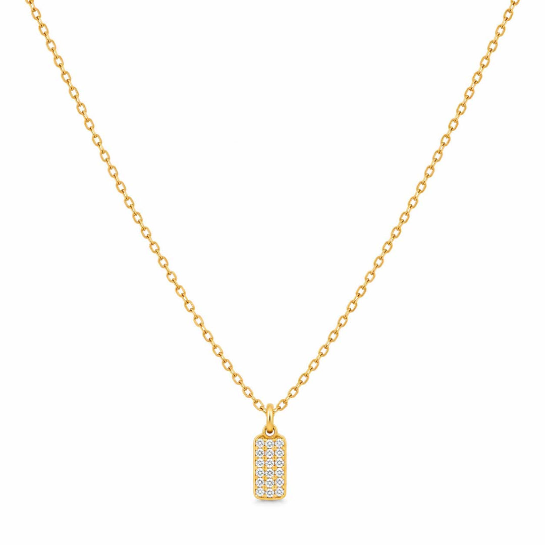 A gold chain necklace with a small rectangular pendant paved with clear stones, shown against a plain white background.