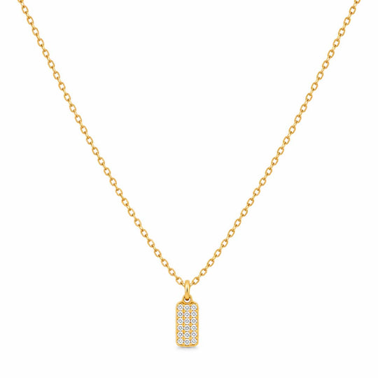 A gold chain necklace with a small rectangular pendant paved with clear stones, shown against a plain white background.