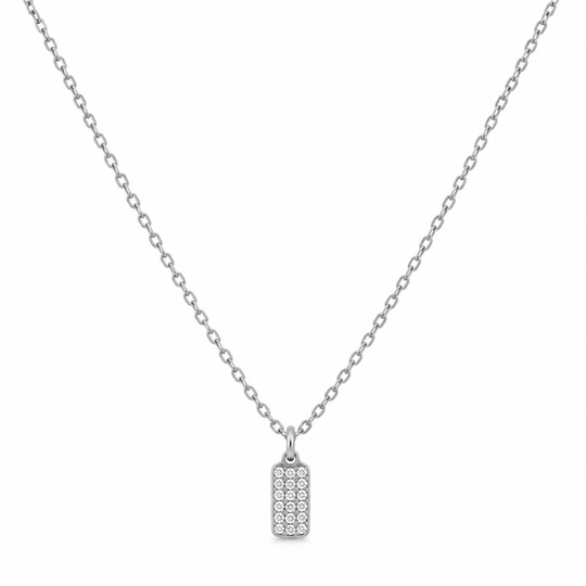 A silver cable chain necklace with a small rectangular pendant paved with clear stones, shown against a plain white background.
